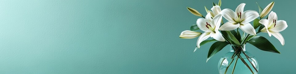 Lily in glass vase, beautifully arranged with natural lighting and vibrant surroundings, creating a serene and elegant floral display.