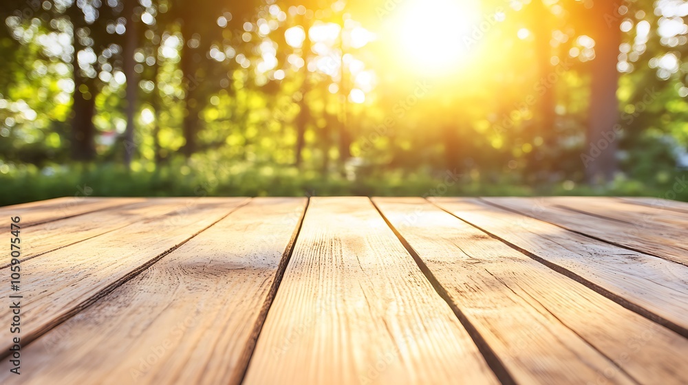 Aufkleber wooden table in sunny forest abstract gradient background with copy space