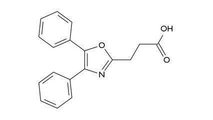 oxaprozin molecule, structural chemical formula, ball-and-stick model, isolated image nsaid