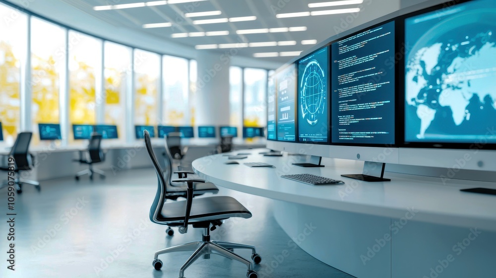 Aufkleber modern office interior with multiple workstations and large screens displaying data.