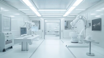3d rendering white futuristic digital laboratory interior in semiconductor manufacturing factory with machine, computer screen and robotic arms
