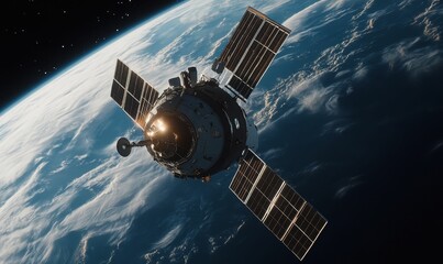 Spacecraft orbits Earth with cloudy sky.