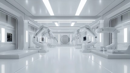 3d rendering white futuristic digital laboratory interior in semiconductor manufacturing factory with machine, computer screen and robotic arms