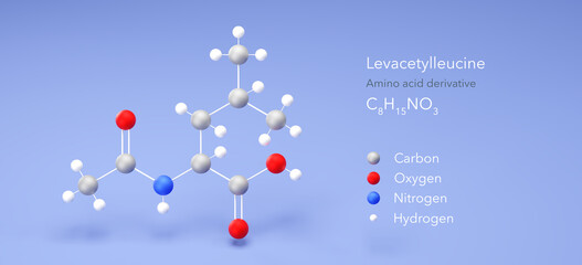 levacetylleucine molecule, molecular structure, amino acid derivative, 3d model, Structural Chemical Formula and Atoms with Color Coding