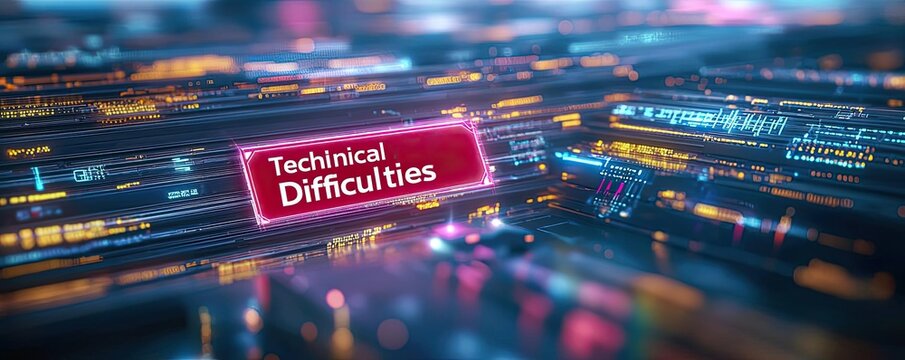 A high-tech interface with a red "Technical Difficulties" warning, digital glitch effects and an AI-generated error code
