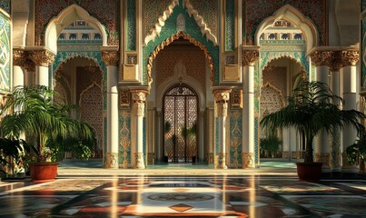 Obraz premium Ornate palace interior with plants and arches.