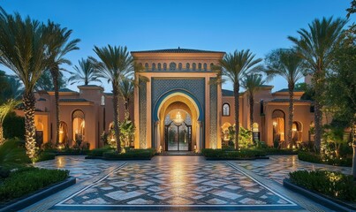 Obraz premium Ornate palace entrance with palm trees.