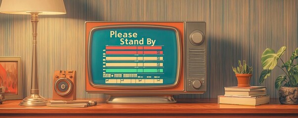 A retro-style "Please Stand By" technical difficulties screen with an analog TV test pattern, color bars, and static interference
