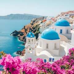 Ultra Realistic Mediterranean coastal village, white-washed buildings, blue domed churches, bougainvillea flowers and clear waters, beach in Greece