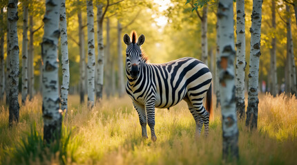 zebra in a birch grove
