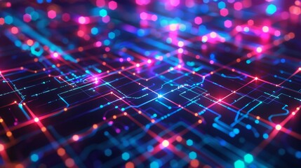 Futuristic digital background with vibrant neon geometric patterns for technology themes