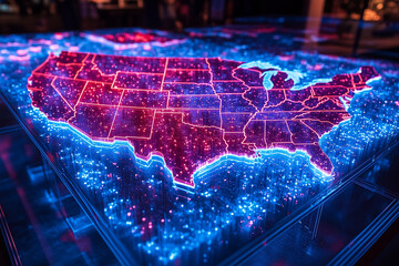 A dramatic red and blue-lit map of America showing state-by-state results in real-time.