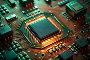 Fototapeta premium Close-up of a glowing microchip on a circuit board, symbolizing advanced artificial intelligence and modern technology. Vibrant green and orange tones highlight the intricate design.