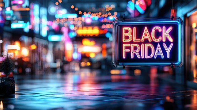 A vibrant urban street illuminated by neon lights promoting Black Friday sales, reflecting excitement and shopping fervor during the holiday season. Discover the ultimate shopping experience.