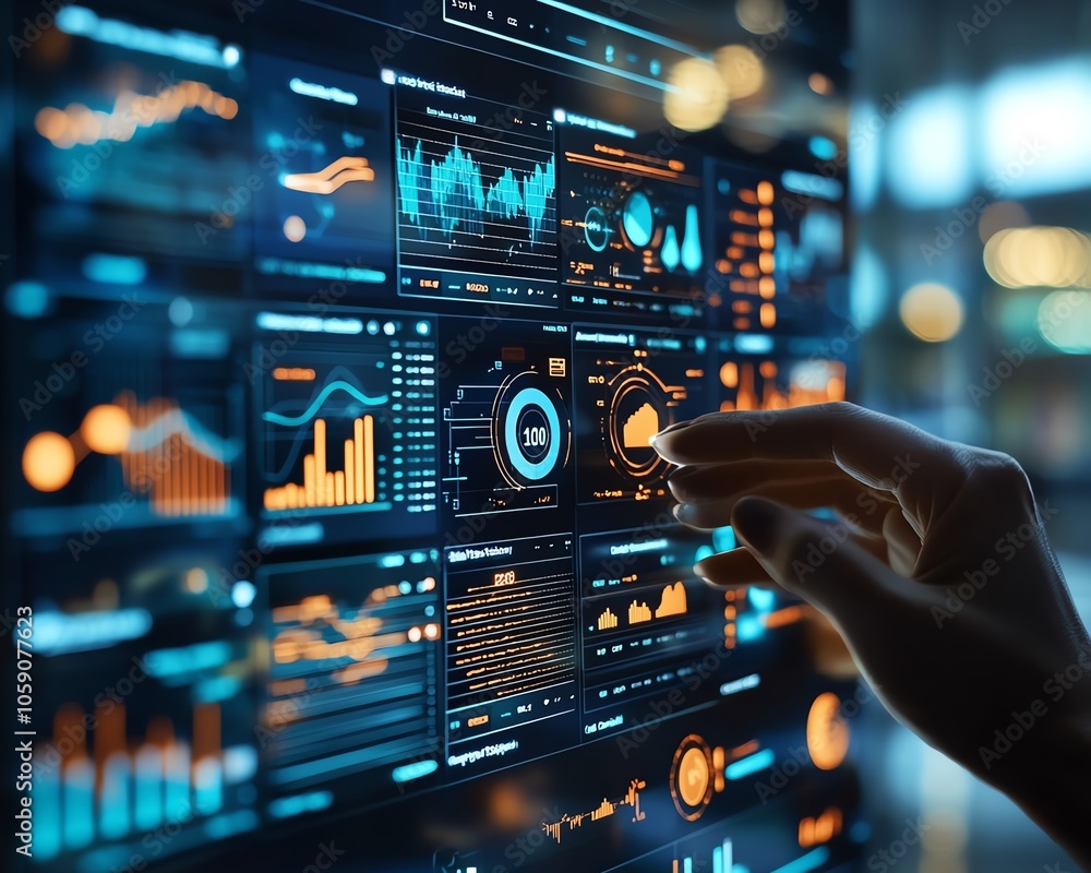 Poster illustration of a person navigating a digital dashboard filled with analytics from social networks, 