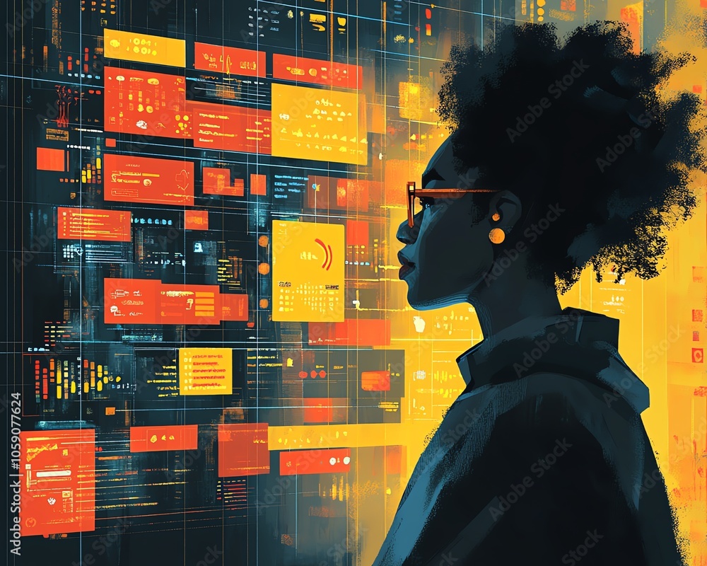 Poster illustration of a person navigating a digital dashboard filled with analytics from social networks, 