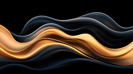 Obraz premium Abstract digital art featuring fluid, wavy shapes in shades of gold and dark blue set against a black background, creating a modern and dynamic composition.