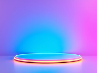 White glowing platform on gradient pink and blue background. 3D render style. Product display concept. Design for banner, poster and background with copy space.