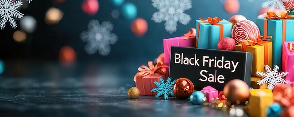 Glowing "Black Friday Sale" letters surrounded by intricate snowflakes, dark background, festive and eye-catching sale advertisement