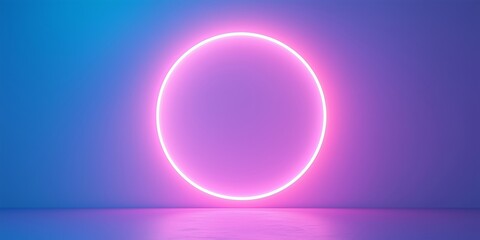 Pink neon circle ring on blue gradient background. Product display concept. Design for banner, poster and background with copy space.