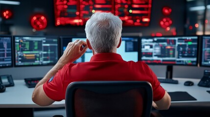 Cybersecurity Expert Monitoring Threats in High-Tech Control Room with Multiple Screens