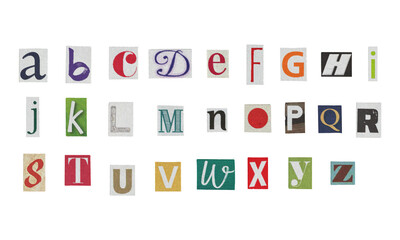 Set of cut-out English alphabet letters from magazines on a transparent background, retro y2k style