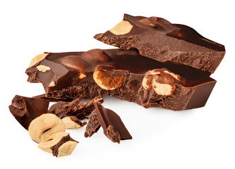 Broken  Chocolate pieces isolated on white. Dark organic Chocolate  with hazel nuts  close up