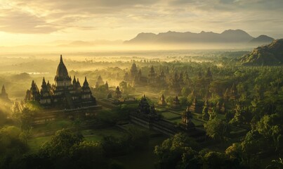 Ancient temples in a foggy jungle at sunrise.