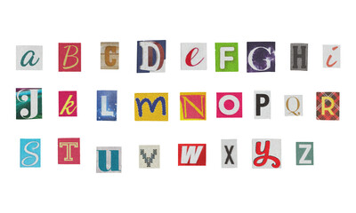 Set of cut-out English alphabet letters from magazines on a transparent background, retro y2k style