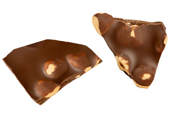 Chocolate with hazelnuts isolated on white. Broken chocolate bar pieces with hazel nuts. Creative layout.  Top view. Flat lay..