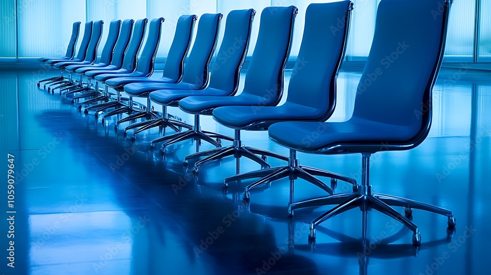 Poster blue chairs in a row clean blank canvas with empty space for designs