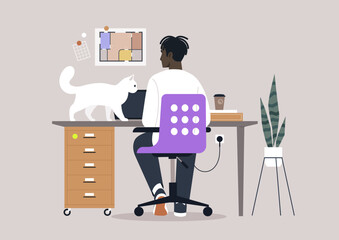 In a tranquil afternoon setting, a person attentively works on a laptop while a curious cat playfully investigates the desk, surrounded by lively decor and a peaceful atmosphere