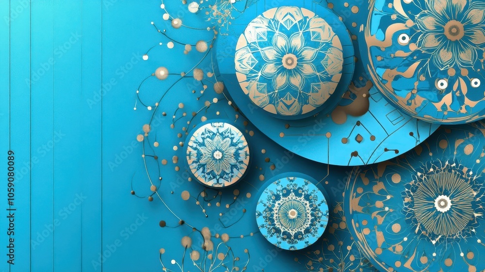 Poster Bright blue gradient background with curved line patterns and circular shapes, subtly framing a text area in the center for a minimalist look