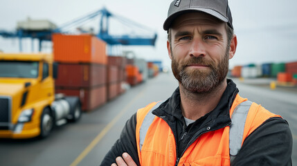 Truck driver standing in front of his loaded cargo truck at a logistics center, with rows of containers and other vehicles in the background