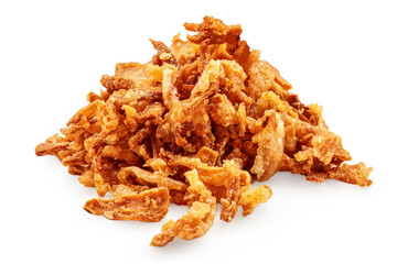 Pile of crispy Fried onions isolated on white. Crunchy Roasted Onion flakes closeup. Caramelized onion pieces