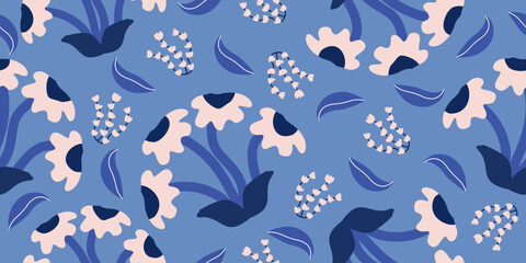 Hand drawn flowers seamless patterns  ornate spring bohemian for fabric, textiles, clothing, wrapping paper, cover, banner, interior decor, abstract backgrounds.