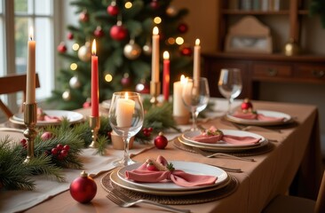 Christmas table place setting with christmas pine branches and plate, kine, fork and spoon.Christmas holiday background.Top view.
