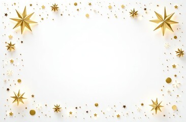 Gold frame mockup with copy space top view and Xmas decoration in gold white colors on white background isolated. Christmas background.