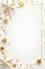 Gold frame mockup with copy space top view and Xmas decoration in gold white colors on white background isolated. Christmas background.