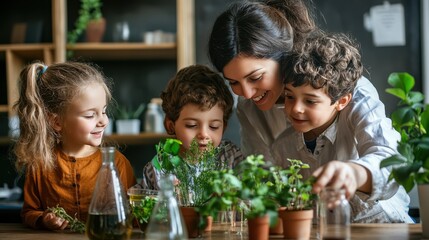 Children and a Woman Observing Plants in a Classroom