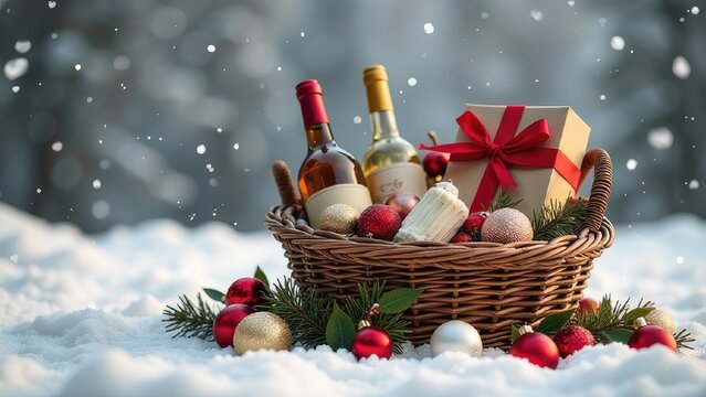 champagne with christmas basket with bottle, gifts with red satin ribbon, candy canes, pine cones, golden garlands , new year celebration concept