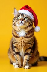 cat in santa hat on yellow background