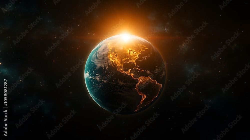Poster earth from space with sun rays blank background with copy space for design projects
