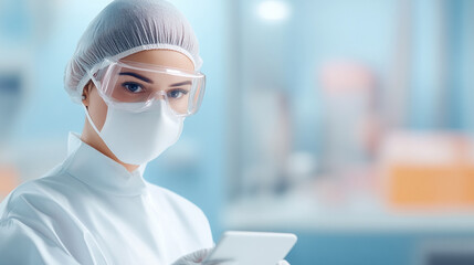 
Protective gear-clad inspector scanning for contaminants in a sterile production area, ensuring contamination control,