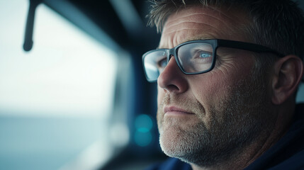 Cargo shipâs captain on the bridge, looking out to sea with an array of navigational equipment around, showcasing the human element of maritime work