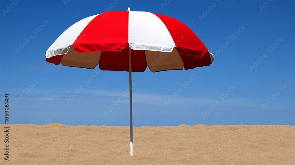 Poster Red and White Beach Umbrella Plain Textured Background for Web Design and Copy