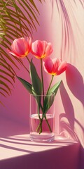 A tulip in a glass vase banner with natural light and colorful backgrounds