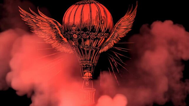 A red hot air balloon with wings rises into the sky surrounded by swirling clouds