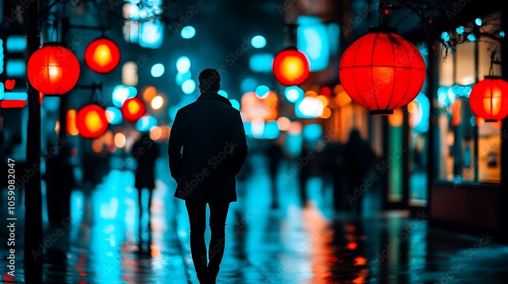 Poster silhouette of a person walking in a city street with red lanterns subtle blur background with space 