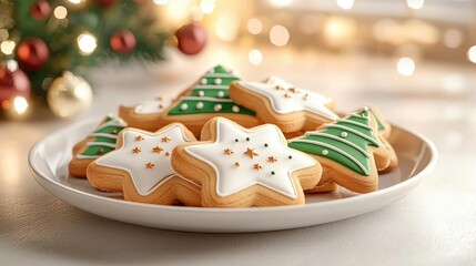 Obraz premium 3D Illustration Christmas cookies in cute cartoon shapes, like stars and trees, arranged on a holiday plate, warm and inviting